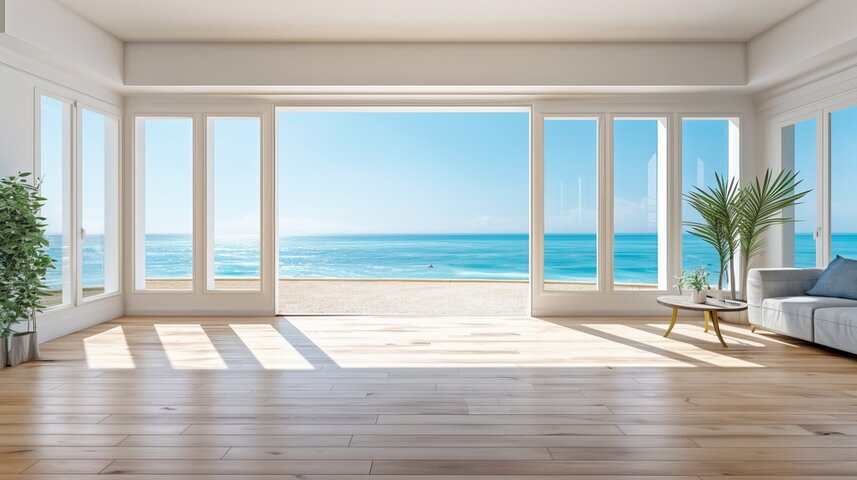 Bright coastal living room with floor-to-ceiling windows opening to a turquoise Gulf of Mexico view, hardwood floors, and indoor plants