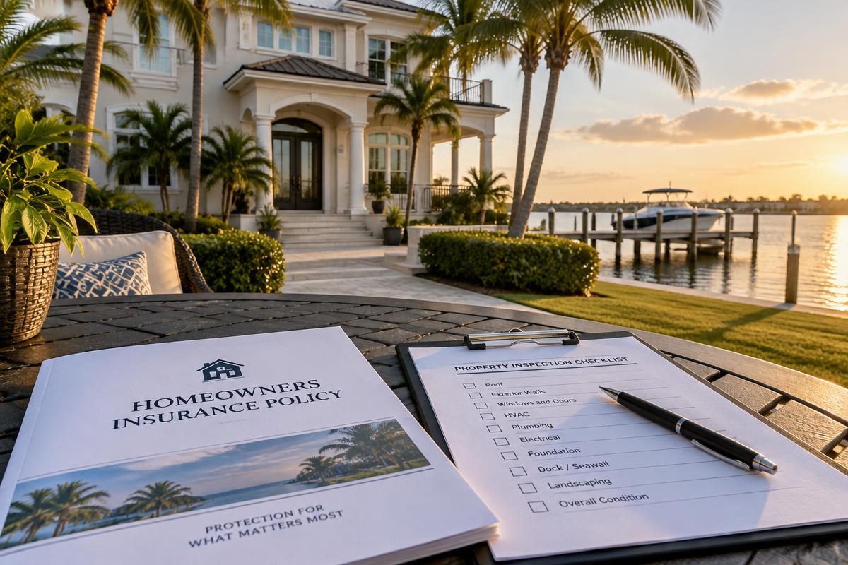 Homeowners insurance policy and a property inspection checklist on a table outside a luxury waterfront home on Florida's Gulf Coast